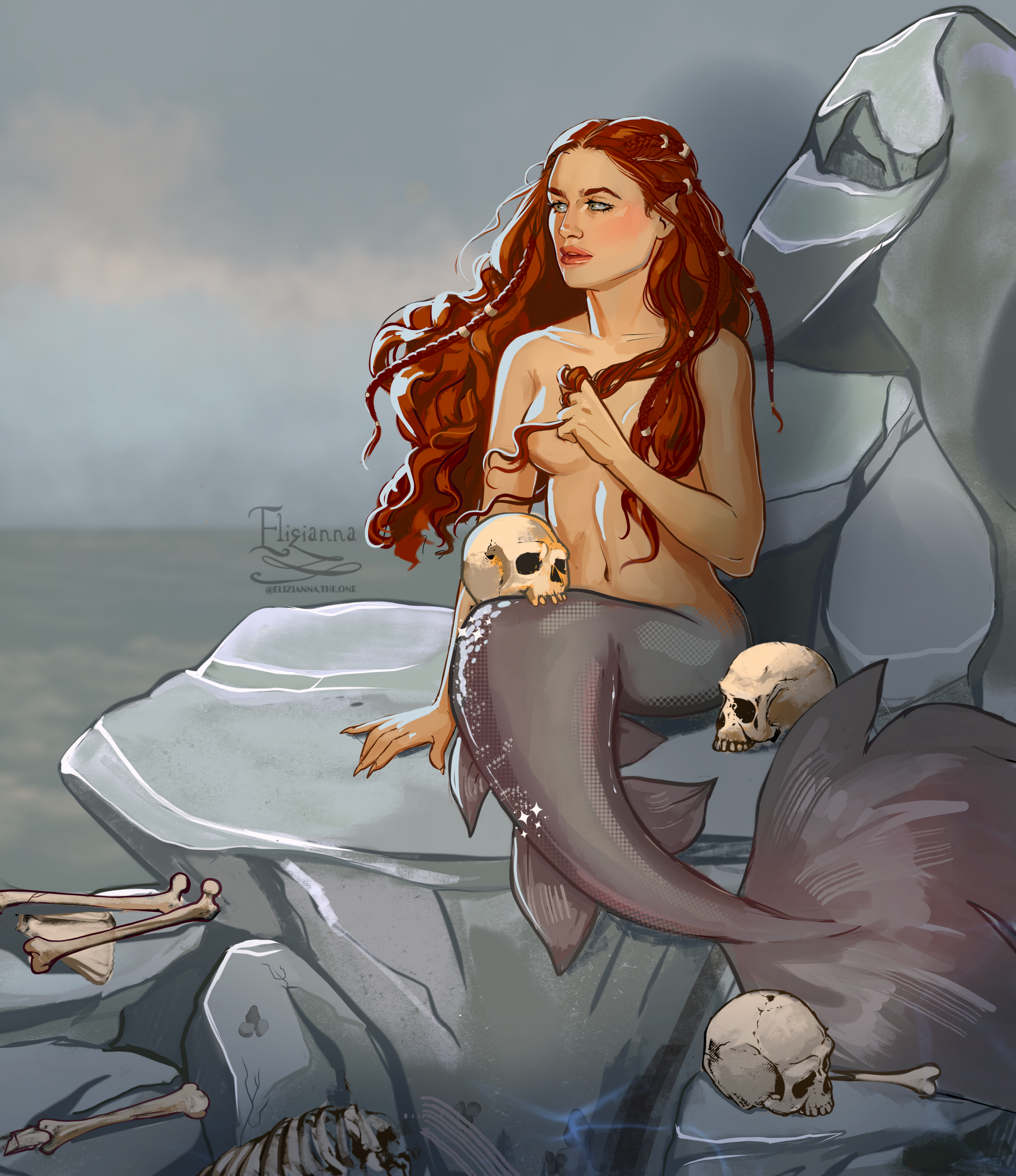 Artwork showing a mermaid sitting out of the water on rocks. She has long wavy red hair and has sections of it in braids and pulled back from her face with bone beads. She is holding a skull in her lap and is surrounded by several other skulls and bones. Art is by @elizianna.the.one on Instagram and artwork is from The Syren's Mutiny by Jessica S. Taylor..