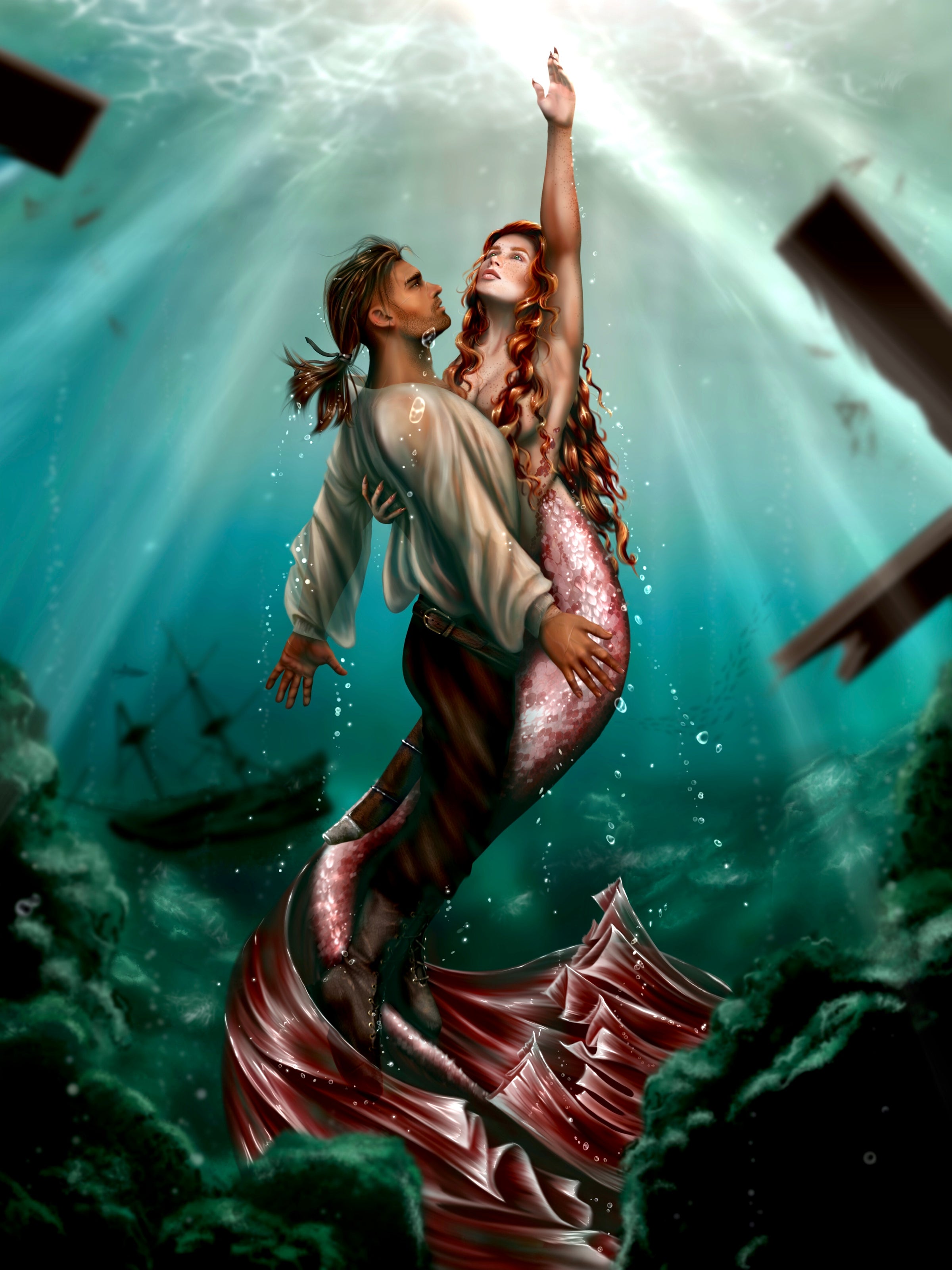 digital painting of underwater scene. focal point is a man with shoulder length brown hair in a ponytail, wearing boots, pants and a long sleeve shirt being pulled towards the surface of the water by a mermaid with a red tail and long red hair. She is reaching toward the surface with one hand and holding him up with the other. The background is a shipwreck scene beneath the water. Art done by @theclever.crow on Instagram. Artwork is from The Syren's Mutiny by Jessica S. Taylor