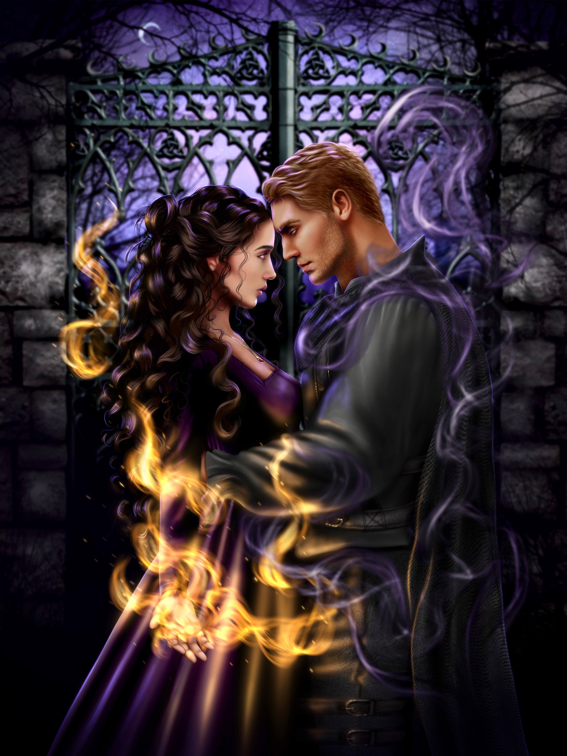 Image of man and woman holding each other in front of cemetery gates. Woman has wavy dark brown hair pulled back from her face and is wearing a purple dress, a red crystal necklace, and is controlling flames that wrap around them. The man has short blond hair and is wearing a dark jacket and cape and is controlling dark purple and black swirls of magic that is wrapping around them. Art is by @theclever.crow on Instagram, artwork is from the book Hollowed by Jessica S. Taylor.
